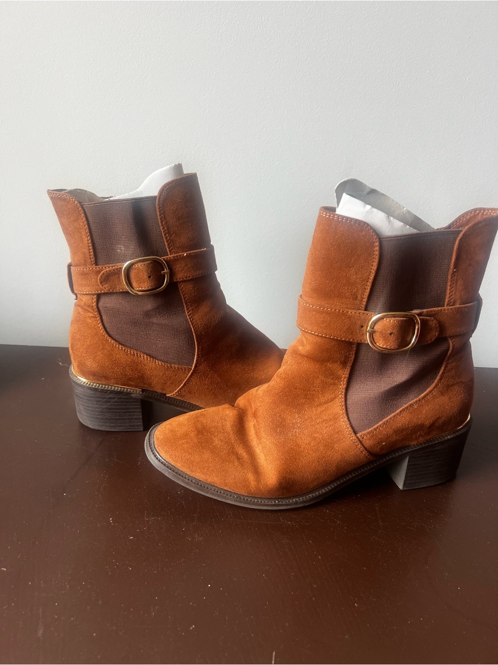 Liz Claiborne Rust Brown Suede Ankle Boots with Buckle Strap